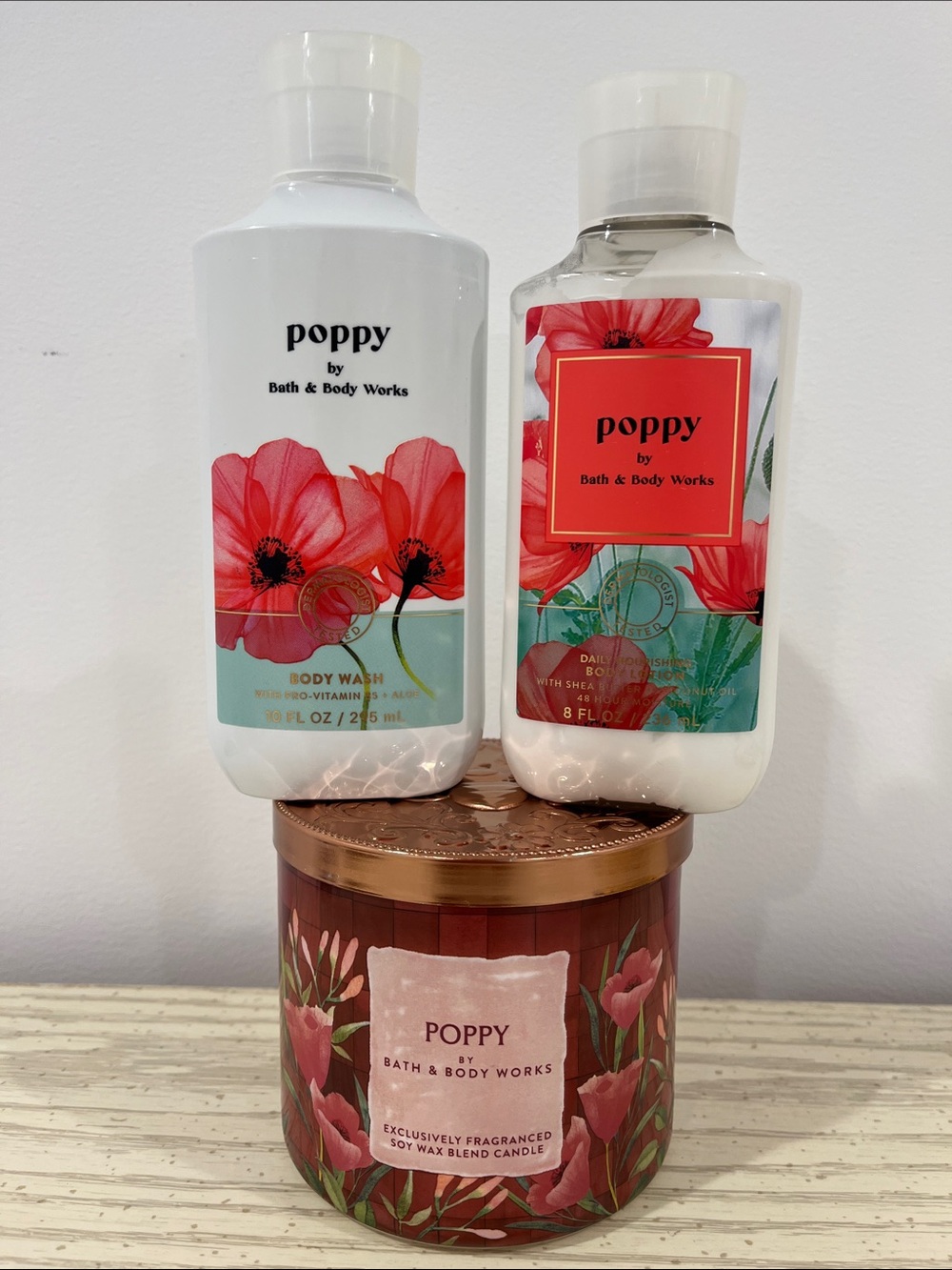 Bath & Body Works Poppy Body Wash, Lotion & Candle Set